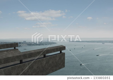 Flat design is showing concrete balcony railing overlooking bay with boats and suspension bridge Flat design is showing concrete balcony railing overlooking bay with boats and suspension bridge 133801031