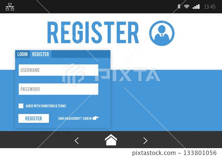 Displaying flat register form on mobile screen, showing user or pass fields, checkbox, register butt 133801056