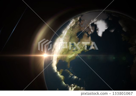 Earth emerging in space 3D render, featuring clouds, atmospheric glow and solar lens flare streaks 133801067