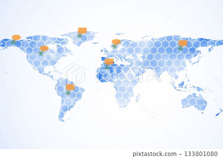 Stylized world map flat design is showing blue hex grid overlay with orange markers, copy space Stylized world map flat design is showing blue hex grid overlay with orange markers, copy space 133801080