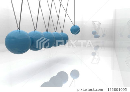 Glossy blue spheres swinging in white mirrored walls and floor, reflecting depth on thin wires Glossy blue spheres swinging in white mirrored walls and floor, reflecting depth on thin wires 133801095