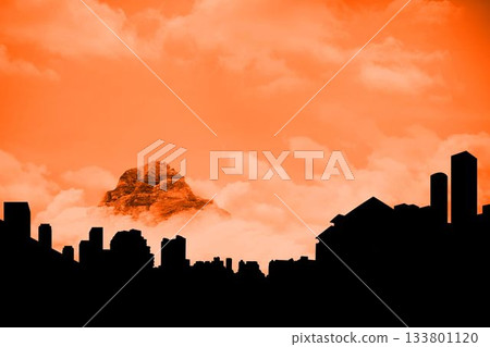 Silhouette cityscape against orange sky Silhouette cityscape against orange sky 133801120