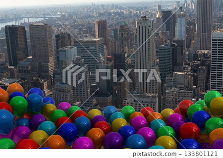 Many colourful balloons above city 133801121
