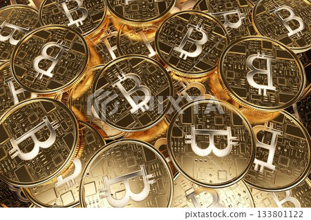 Gold bitcoin coins are piling up and glinting in 3D render, with circuit board engravings Gold bitcoin coins are piling up and glinting in 3D render, with circuit board engravings 133801122