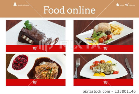 Flat food ordering interface is showing orange header, user home cart icons, four dishes, red bars 133801146