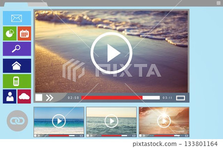 Digitally composite image of various videos and computer icons 133801164