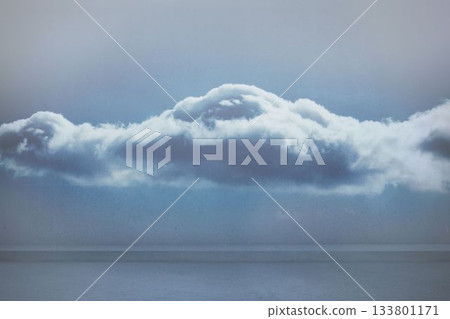 Large cumulus cloud band is stretching across flat design illustration over calm ocean horizon 133801171
