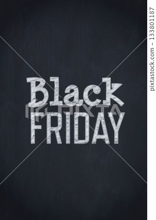 Chalk-style Black Friday lettering is appearing on dark chalkboard with subtle chalk dust 133801187