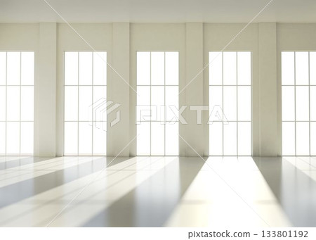 Interior hall is showing luminous windows casting reflective shadows on shiny floor in flat design Interior hall is showing luminous windows casting reflective shadows on shiny floor in flat design 133801192