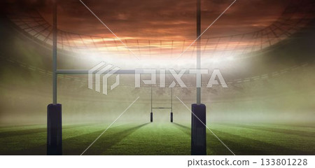 Solitary H-shaped goal post is standing on rugby stadium pitch under floodlit roof flat design Solitary H-shaped goal post is standing on rugby stadium pitch under floodlit roof flat design 133801228