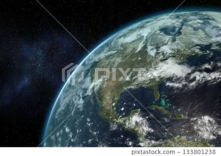 Earth is being shown from orbit in 3D render, displaying cloud formations and star field 133801238