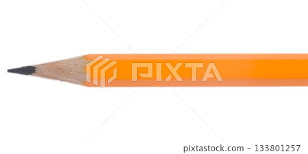 Sharpened orange wooden pencil is lying horizontally on white background in flat design, copy space 133801257