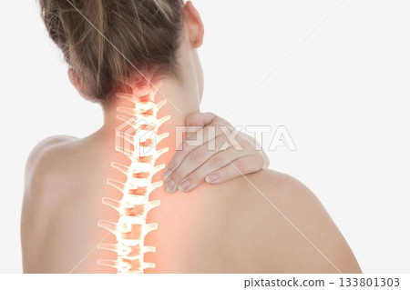 Highlighted spine of woman with back pain 133801303