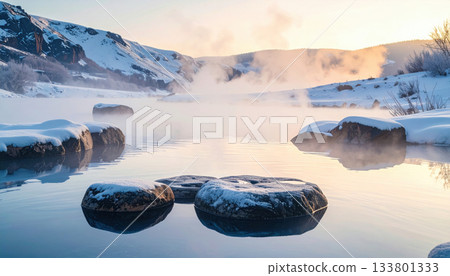 Serene winter landscape with snow covered rocks and mist rising from hot spring at sunrise 133801333