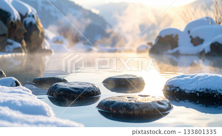 Serene winter scene with snow covered rocks in tranquil hot spring, surrounded by mist and mountains 133801335