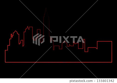 Vector line art is tracing neon-red skyline on black background, showing tower spire and rooftops 133801342