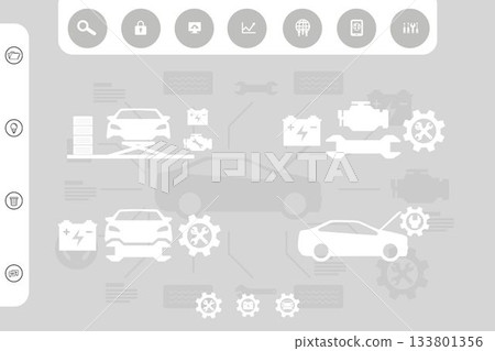 Grayscale flat infographic is showing automotive diagnostics workflow around central car silhouette 133801356