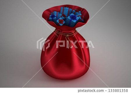 Red satin sack is resting on gray backdrop in flat-style design, holding blue boxes with bows Red satin sack is resting on gray backdrop in flat-style design, holding blue boxes with bows 133801358