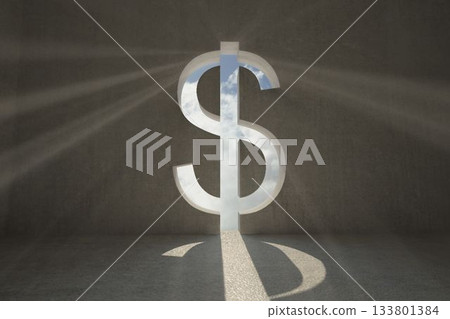 3D render is showing dollar sign cutout casting sunlight beams over concrete floor under cloudy sky 3D render is showing dollar sign cutout casting sunlight beams over concrete floor under cloudy sky 133801384