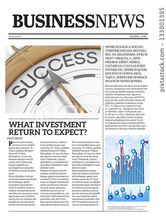 Flat design newspaper front page is showing BUSINESSNEWS and circular success gauge with bar chart 133801385