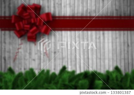 Flat design is showing red satin bow over pale grey wood backdrop with fir garland Flat design is showing red satin bow over pale grey wood backdrop with fir garland 133801387