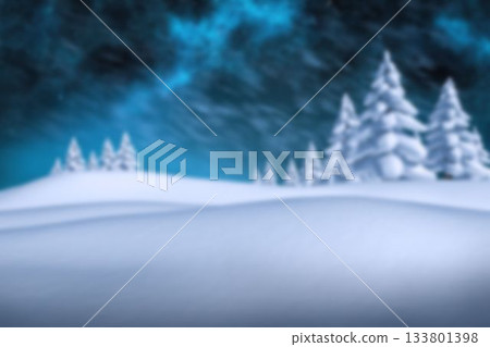 Illustrating winter night flat design featuring rolling hills snowy evergreens and glowing aurora 133801398