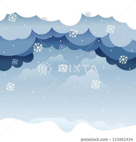Square image of white and grey clouds with falling snowflakes and snow on ground, with copy space 133801434