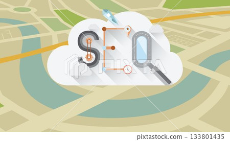 SEO text on cloud against navigation map 133801435