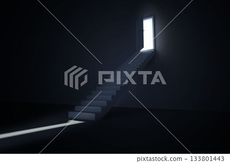 Door opening revealing light at top of steps Door opening revealing light at top of steps 133801443