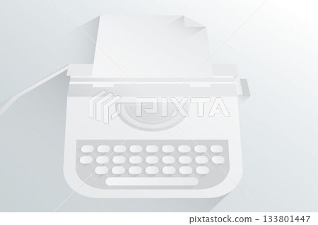 Manual typewriter is being shown in simple illustration with paper, platen knob, gradient backdrop Manual typewriter is being shown in simple illustration with paper, platen knob, gradient backdrop 133801447