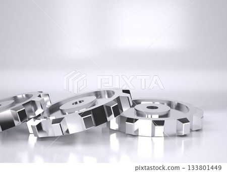Three metal gears are reflecting light in 3D render on glossy white gradient background Three metal gears are reflecting light in 3D render on glossy white gradient background 133801449