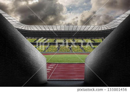 Vector art stone tunnel walls are framing stadium red track, field, seats under metal-glass canopy 133801456