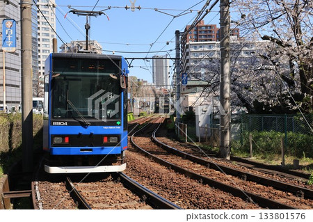 一輛都電電車正駛過神田川大橋，朝著學習院下站方向前進。 133801576