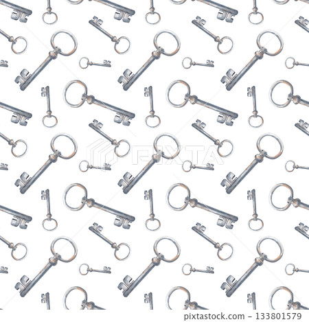 Watercolor seamless pattern with old rusty keys on an isolated background. A template with realistic vintage keys for wallpaper design, packaging, textiles. Watercolor seamless pattern with old rusty keys on an isolated background. A template with realistic vintage keys for wallpaper design, packaging, textiles. 133801579
