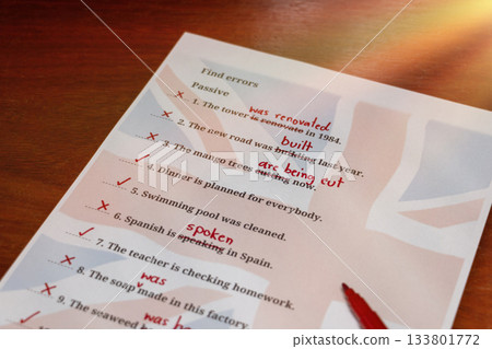 English test with red correction words 133801772
