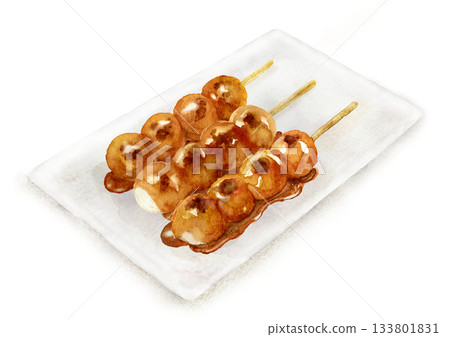 Watercolor illustration of mitarashi dango on a plate Watercolor illustration of mitarashi dango on a plate 133801831