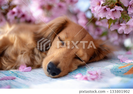 一隻臘腸犬在櫻花樹下安然入睡。 133801902