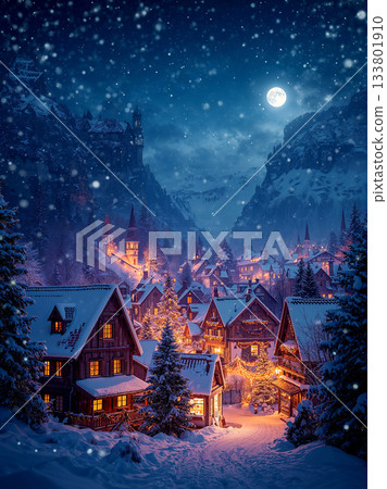 Magical Snowy Winter Village at Night with Full Moon, Cozy Wooden Cottages with Warm Lights in Valley, Fantasy Christmas Landscape Illustration. 133801910