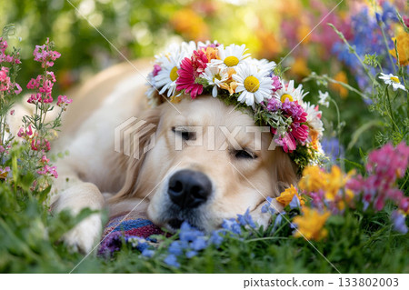 A golden retriever sleeping among colorful flowers 133802003