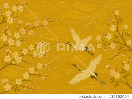 Gorgeous Japanese pattern background with cranes and cherry blossoms 133802004