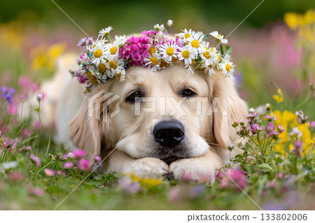 A golden retriever sleeping among colorful flowers 133802006