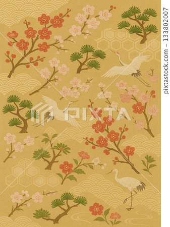 Gorgeous Japanese pattern background with cranes 133802007
