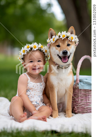 A heartwarming spring moment with a baby wearing a flower crown and a Shiba Inu 133802009