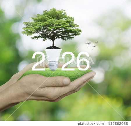 Happy new year 2026 green ecology and saving energy concept Happy new year 2026 green ecology and saving energy concept 133802088