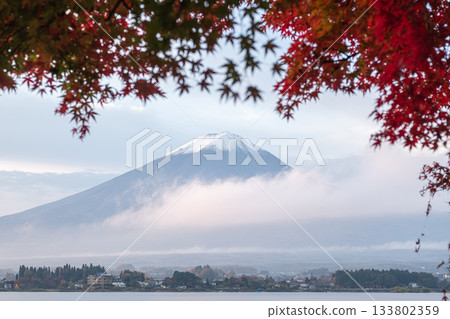 Lake Kawaguchi, Fujikawaguchiko, Minamitsuru District, Yamanashi, Japan, Mount Fuji with autumn leaves framing the mountain in Japan landscape Lake Kawaguchi, Fujikawaguchiko, Minamitsuru District, Yamanashi, Japan, Mount Fuji with autumn leaves framing the mountain in Japan landscape 133802359