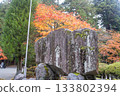 Kitaguchi Hongu Fuji Sengen, Kamiyoshida, Fujiyoshida, Yamanashi, Japan - Nov 18, 2024 : Large stone monument with Japanese inscriptions in autumn park setting 133802394