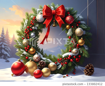 Festive Christmas Wreath Illustration in Snowy Winter Landscape 133802412