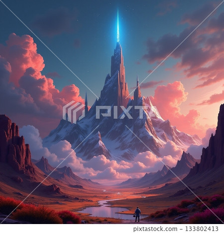 Majestic mountain peak under a glowing blue sky Generative AI 133802413