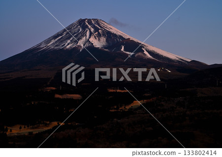 Mount Fuji and the Hoei Crater just before dawn from the Torigoki Plateau Observatory on Mount Echizen in the Ashitaka Mountains 133802414
