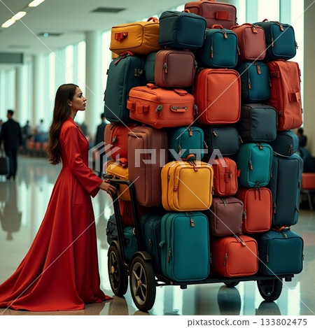 Traveling with a vibrant stack of colorful luggage in the airport Generative AI Traveling with a vibrant stack of colorful luggage in the airport Generative AI 133802475